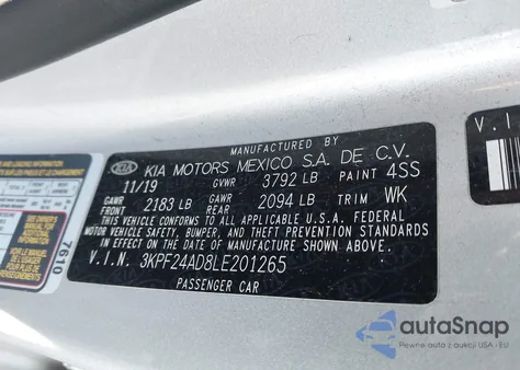 2020 Kia Forte Lxs z USA, uszkodzony, nr VIN 3KPF24AD8LE201265